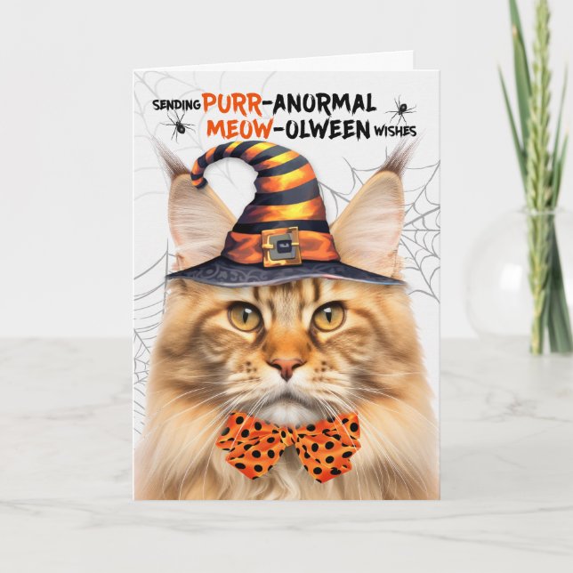 Tarjeta Festiva Naranja Maine Coon Cat PURRolintería anormal (Anverso)