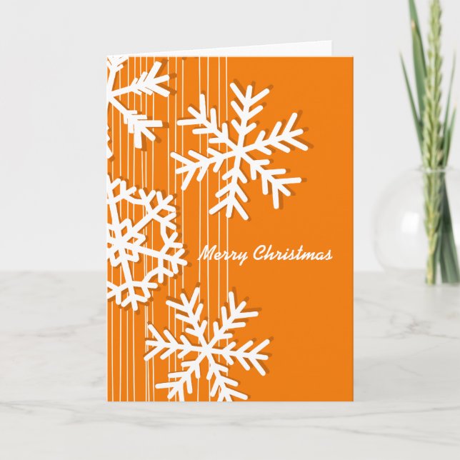 Tarjeta Festiva Naranja moderno y Navidades blancos copos de nieve (Anverso)