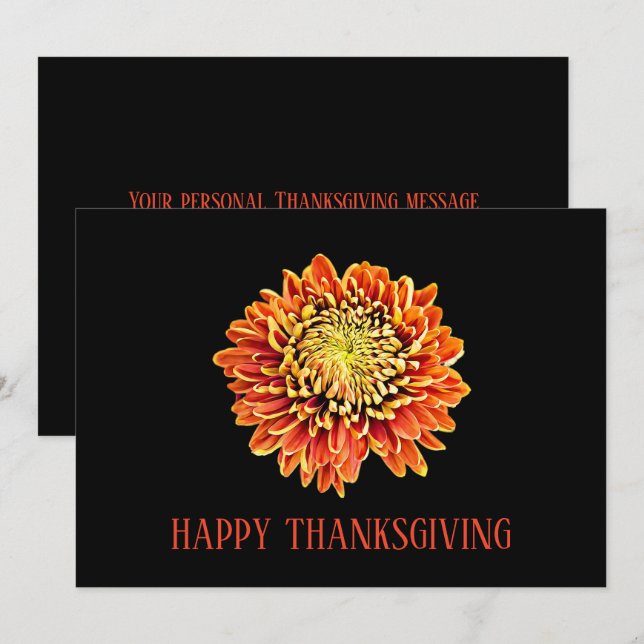 Tarjeta Festiva Naranja negro Floral Moderno Feliz Día de Gracias (Anverso / Reverso)