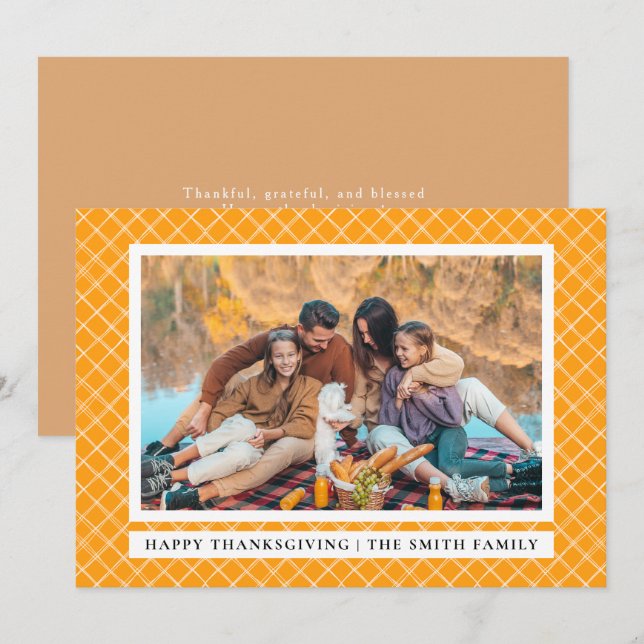 Tarjeta Festiva Naranja Plaid | Feliz Día de Acción de Gracias, Ot (Anverso / Reverso)