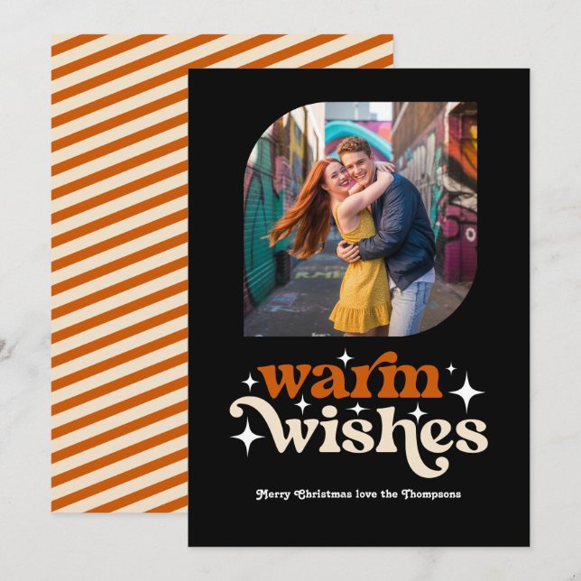 Tarjeta Festiva Naranja quemado y Navidades retro de champán foto (Anverso / Reverso)