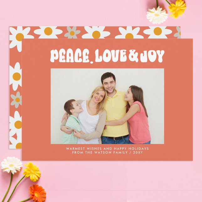 Tarjeta Festiva Naranja Retro Groovy Paz Amo Joy Foto (Orange Retro Groovy Peace Love Joy Photo Holiday Card)