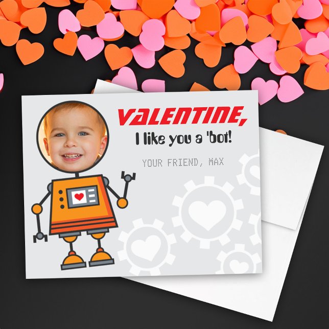 Tarjeta Festiva Naranja Robot Día de San Valentín Niños Foto aula (Subido por el creador)
