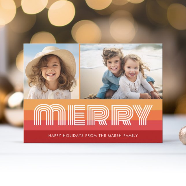 Tarjeta Festiva Naranja rojo de arte de la línea retro - Fotos mer (Retro Stripe Christmas Card with 2 Photos - Vibrant Reds - Print and Download Option)