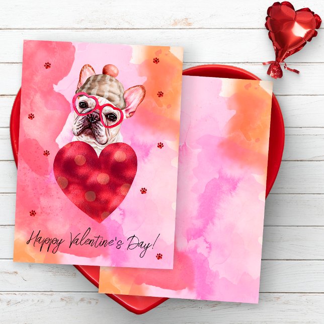 Tarjeta Festiva Naranja rosa Día de San Valentín de Bulldog francé (Subido por el creador)
