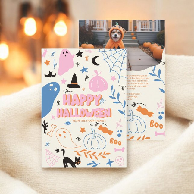 Tarjeta Festiva Naranja Rosa Retro Cute Pastel Halloween Foto (Retro Cute Pink Orange Pastel Halloween Photo Holiday Card)