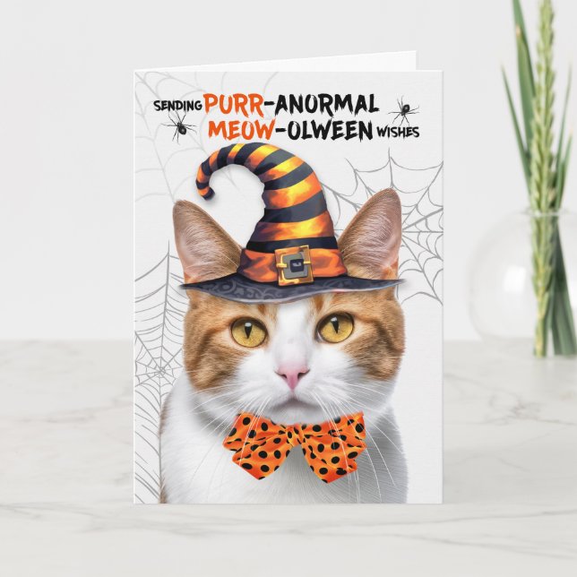 Tarjeta Festiva Naranja Tabby Gato de Halloween PURRolween anormal (Anverso)