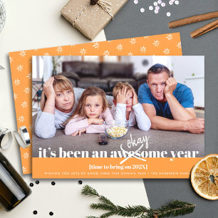 Tarjeta Festiva Naranja Vale Año Nuevo Foto Divertida Moderna Negr