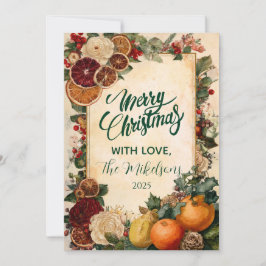 Tarjeta Festiva Naranja y Navidades de frutas secos y rusos