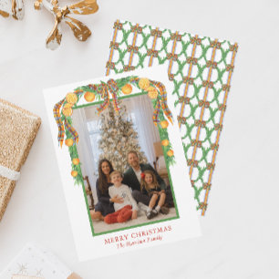 Tarjeta Festiva Naranjas de acuarelas Bow Garland foto Navidades