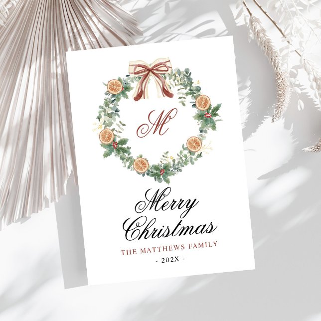 Tarjeta Festiva Naranjas de Monogramas Wreath Bow sin foto (Subido por el creador)