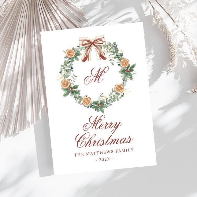 Tarjeta Festiva Naranjas de Monogramas Wreath Bow sin foto (Subido por el creador)