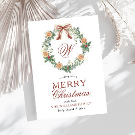 Tarjeta Festiva Naranjas de Monogramas Wreath Bow sin foto