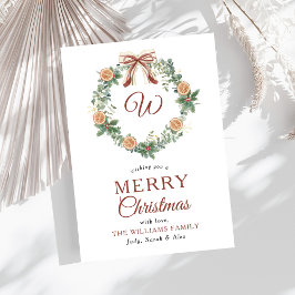 Tarjeta Festiva Naranjas de Monogramas Wreath Bow sin foto