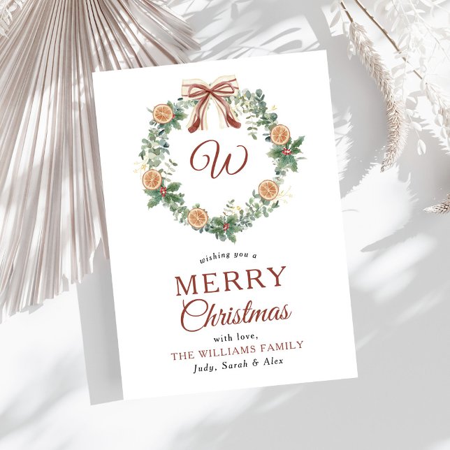 Tarjeta Festiva Naranjas de Monogramas Wreath Bow sin foto (Subido por el creador)