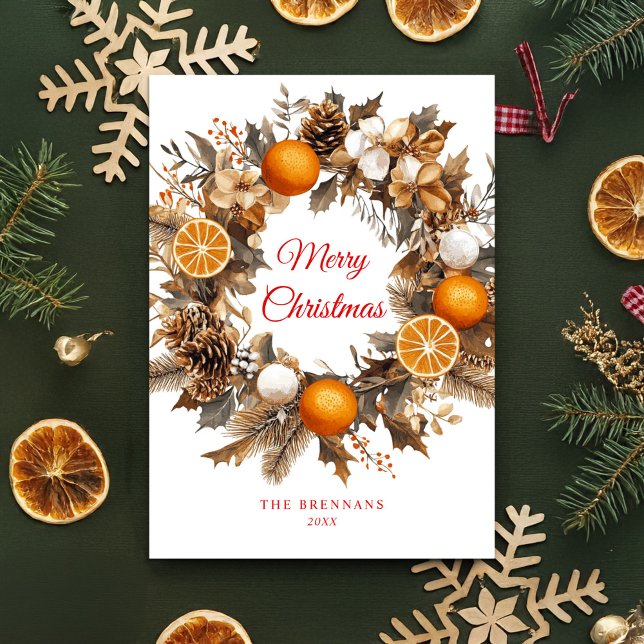 Tarjeta Festiva Naranjas secos Citrus Wreath Navidades elegantes (Dried Oranges Citrus Wreath Elegant Christmas Holiday Card)