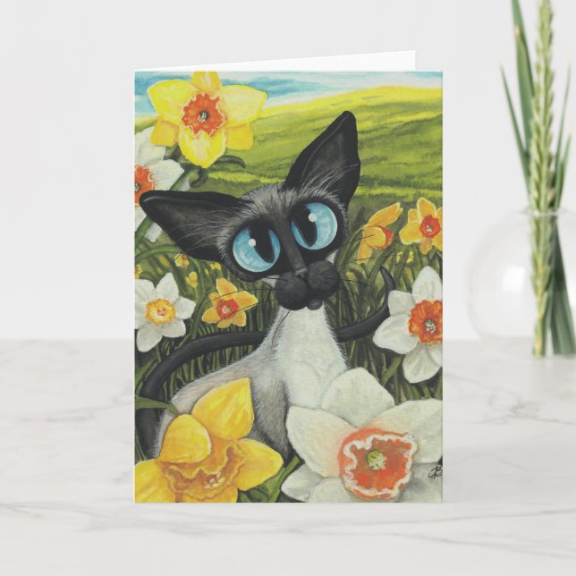 Tarjeta Festiva Narcisos de Pascua del gato siamés de la primavera (Anverso)