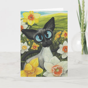 Tarjeta Festiva Narcisos de Pascua del gato siamés de la primavera