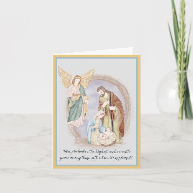 Tarjeta Festiva Natividad acuarela y personalizado ángel (Anverso)