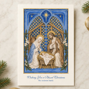 Tarjeta Festiva Natividad católica tradicional azul y dorado