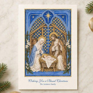 Tarjeta Festiva Natividad católica tradicional azul y dorado