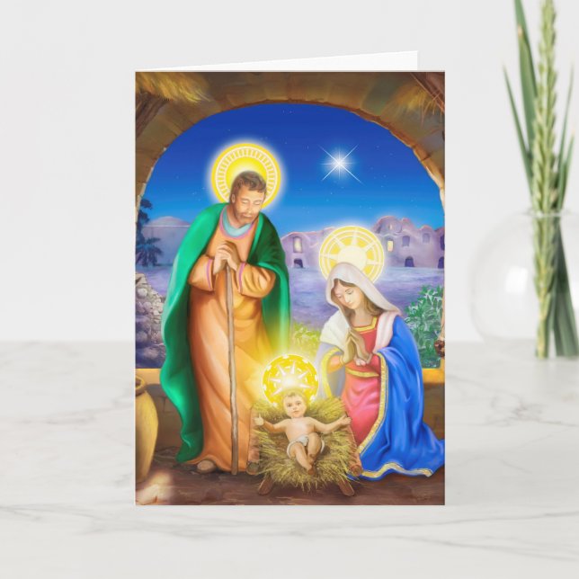 Tarjeta Festiva Natividad de Jesús con Josef y María, vacas, donky (Anverso)