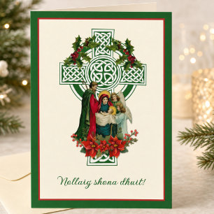 Tarjeta Festiva Natividad irlandesa Virgen María Jesús Poinsettias