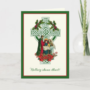 Tarjeta Festiva Natividad irlandesa Virgen María Jesús Poinsettias
