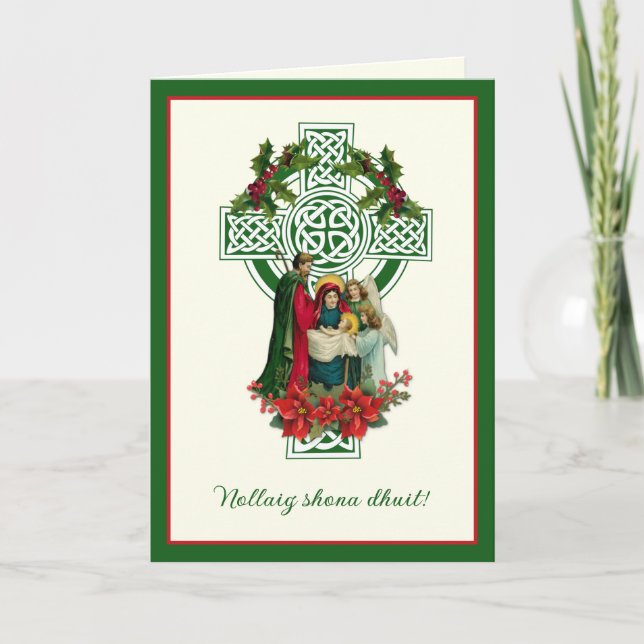 Tarjeta Festiva Natividad irlandesa Virgen María Jesús Poinsettias (Anverso)