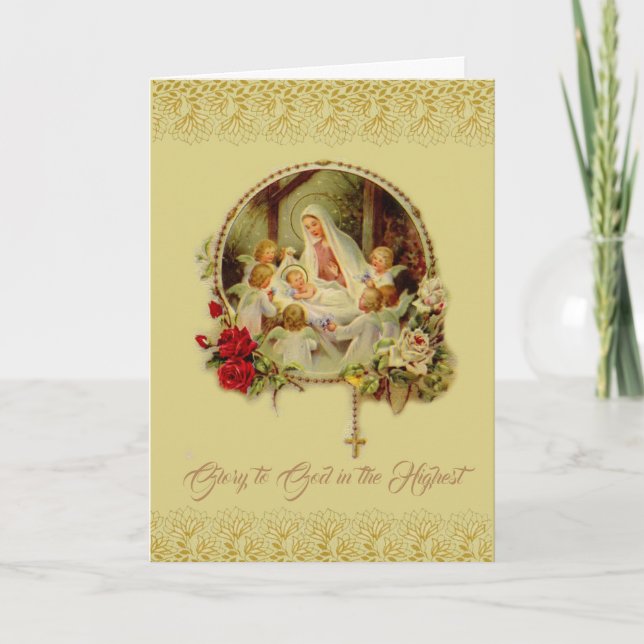 Tarjeta Festiva Natividad Mary Jesus Rosary Angels Roses Rojas (Anverso)