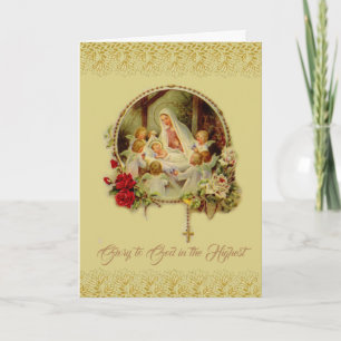 Tarjeta Festiva Natividad Mary Jesus Rosary Angels Roses Rojas