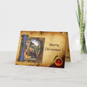 Tarjeta Festiva NATIVIDAD MONOGRAM NAVIDADES PARCHE Gema de rubí r