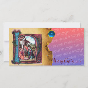 Tarjeta Festiva NATIVIDAD NAVIDADES MONOGRAM PARCHMENT Gem Azul