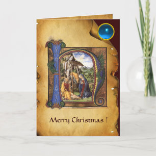 Tarjeta Festiva NATIVIDAD NAVIDADES MONOGRAM PARCHMENT Gem Azul