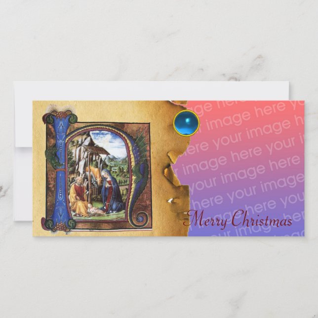 Tarjeta Festiva NATIVIDAD NAVIDADES MONOGRAM PARCHMENT Gem Azul (Anverso)