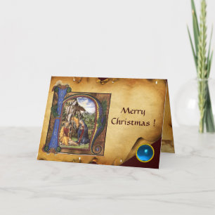 Tarjeta Festiva NATIVIDAD NAVIDADES MONOGRAM PARCHMENT Gem Azul