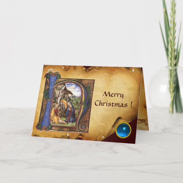 Tarjeta Festiva NATIVIDAD NAVIDADES MONOGRAM PARCHMENT Gem Azul (Anverso)