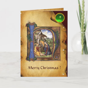 Tarjeta Festiva NATIVIDAD NAVIDADES MONOGRAM PARCHMENT Green Gem