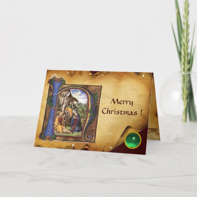 Tarjeta Festiva NATIVIDAD NAVIDADES MONOGRAM PARCHMENT Green Gem (Anverso)