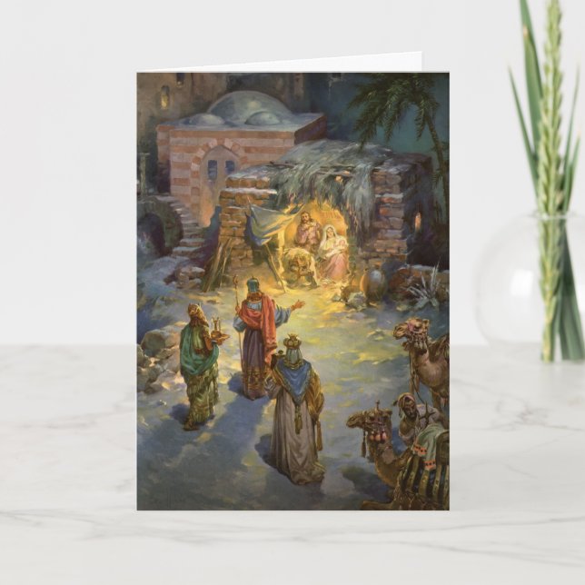 Tarjeta Festiva Natividad navideña vintage con Magi visitante (Anverso)