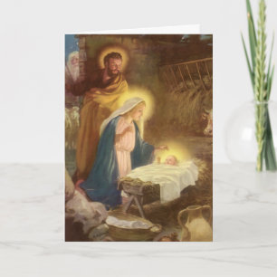 Tarjeta Festiva Natividad navideña vintage, Mary Joseph Baby Jesus