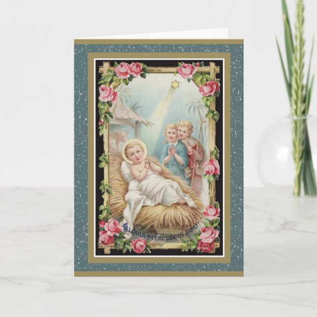 Tarjeta Festiva Natividad Niño Jesús Rosas Niños (Anverso)