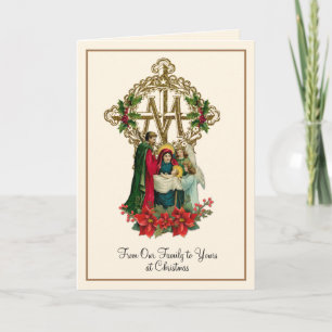 Tarjeta Festiva Natividad Religiosa Virgen María Jesús Poinsettias