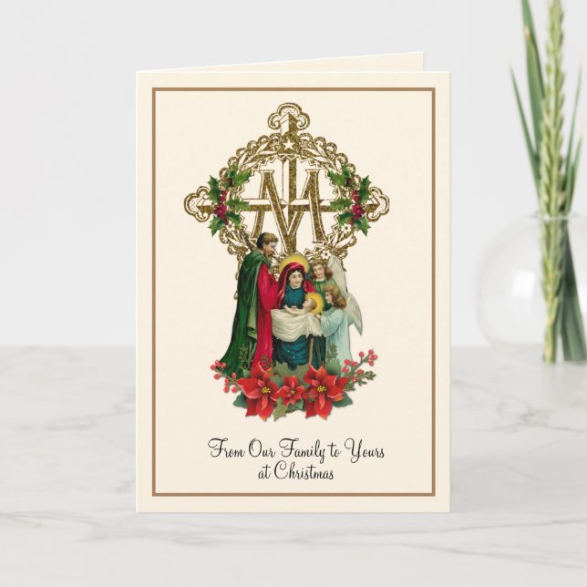 Tarjeta Festiva Natividad religiosa Virgen María Jesús Poinsettias (Anverso)