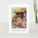 Tarjeta Festiva Natividad San José Virgen María Bebé Jesús Ángeles<br><div class="desc">Esta es una bella Navidad de la tradicional huella vintage religiosa católica de la Virgen María,  San José y los Ángeles mirando al Niño Cristo mientras él yace en el pesebre. Se pueden modificar todo el texto y las fuentes.</div>