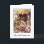 Tarjeta Festiva Natividad San José Virgen María Bebé Jesús Ángeles<br><div class="desc">Esta es una bella Navidad de la tradicional huella vintage religiosa católica de la Virgen María,  San José y los Ángeles mirando al Niño Cristo mientras él yace en el pesebre. Se pueden modificar todo el texto y las fuentes.</div>