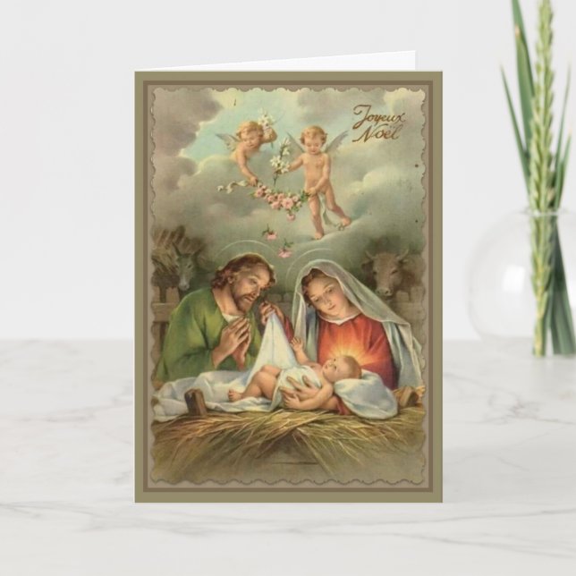 Tarjeta Festiva Natividad San José Virgen María Bebé Jesús Ángeles (Anverso)