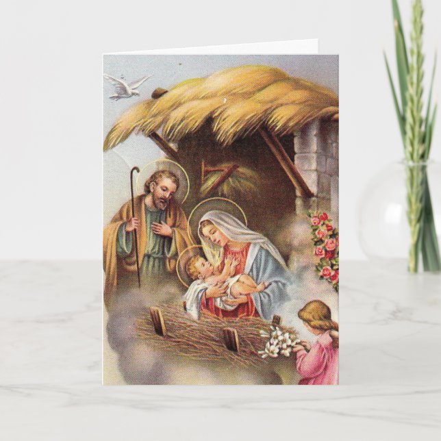 Tarjeta Festiva Natividad San José Virgen María Bebé Jesús Ángeles (Anverso)