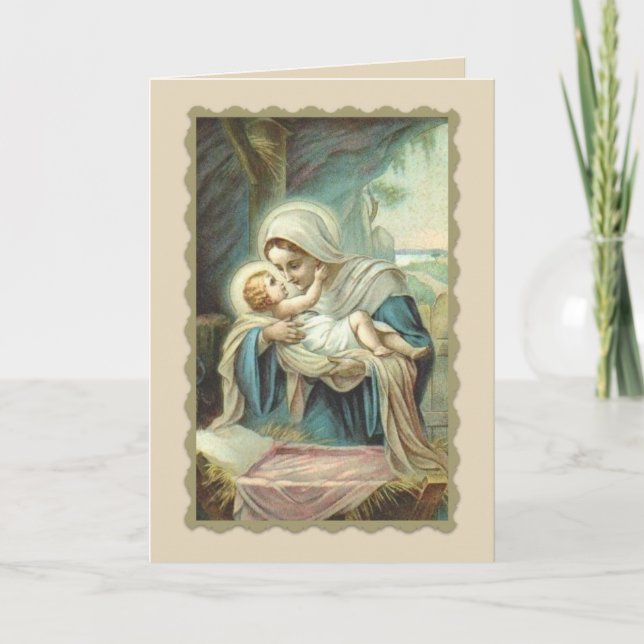 Tarjeta Festiva Natividad Virgen María sujetando al niño Jesús (Anverso)