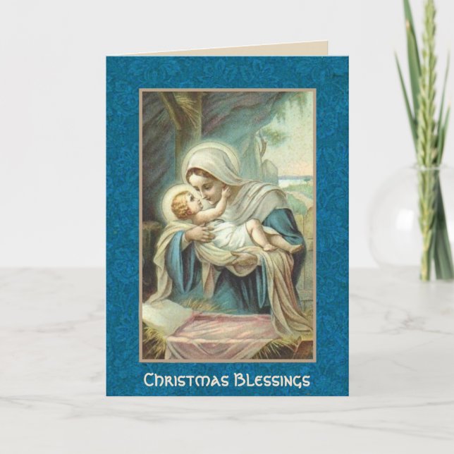 Tarjeta Festiva Natividad Virgen María sujetando al niño Jesús (Anverso)